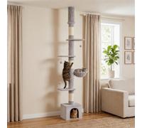 PawHut Floor to Ceiling Cat Tree, 230-250cm Multi-Level Cat Tower | Activity Tree for Indoor Kittens, Adjustable Height, Scratching Posts, Condo, Platforms and 3 Dangling Balls, Light Grey