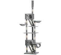 PawHut Floor to Ceiling Cat Tree, 240-260cm Adjustable Height, Light Grey | Kitten Tower, Scratching Posts, Cat Houses, Ramps, Hammocks, Toy Balls, Tunnel, for Indoor Use