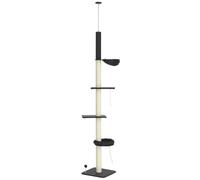 PawHut Floor To Ceiling Cat Tree 5 Tier for Indoor Cats 240-270cm Dark Grey | Height Adjustable Kitten Climbing Tower, Scratching Post, Hammock, Bed