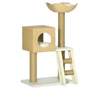 PawHut Flower Cat Tree for Indoor Cats Kitten Tower Cattail Weave with Scratching Posts, Cat House, Bed, Ladder, Washable Cushions, 57 x 37 x 100.5 cm - Natural Finish