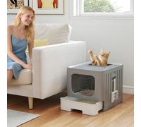 PawHut Foldable Cat Litter Box with Lid, Slide-Out Drawer - 48L x 38W x 38.5H cm - Grey