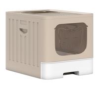 PawHut Foldable Cat Litter Box with Lid, Slide-Out Drawer, Scoop, Easy Clean, Odour Control, Anti-Splashing, Khaki