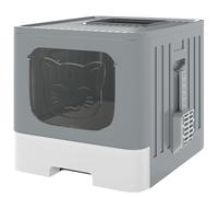 PawHut Foldable Cat Litter Box with Lid, Slide-Out Drawer, Scoop, Easy Clean, Odour Control, Anti-Splashing, Grey