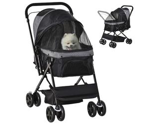 PawHut Foldable Dog Pet Stroller with 4 Wheels EVA Adjustable Handlebar Basket and Storage Pouch, 76.5 x 52 x 95 cm, Black