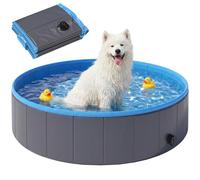 PawHut Foldable Dog Pool for Puppies and Ducks, Thickened PVC Dog Paddling Pool Bath Tub Hard Board, Anti-Slip Bottom and Hose Adapter for Easy Drainage, 120 x 30cm, Dark Grey and Blue