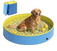 PawHut Foldable Dog Pool for Puppies and Ducks, Thickened PVC Dog Paddling Pool Bath Tub Hard Board, Anti-Slip Bottom and Hose Adapter for Easy Drainage, 140 x 30cm, Blue and Yellow