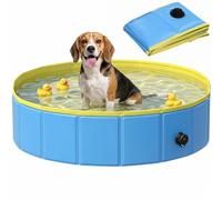 PawHut Foldable Dog Pool for Puppies and Ducks, Thickened PVC Dog Paddling Pool Bath Tub Hard Board, Anti-Slip Bottom and Hose Adapter for Easy Drainage, 100 x 30cm, Blue and Yellow