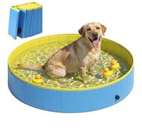 PawHut Foldable Dog Pool for Puppies and Ducks, Thickened PVC Dog Paddling Pool Bath Tub Hard Board, Anti-Slip Bottom and Hose Adapter for Easy Drainage, 160 x 30cm, Blue and Yellow