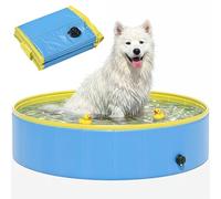 PawHut Foldable Dog Pool for Puppies and Ducks, Thickened PVC Dog Paddling Pool Bath Tub Hard Board, Anti-Slip Bottom and Hose Adapter for Easy Drainage, 120 x 30cm, Blue and Yellow