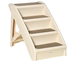 PawHut Foldable Dog Steps for Bed Sofa, 4-Step Portable Pet Stairs for Cats and Small Miniature Dogs, Pet Steps with Non-Slip Mats - Beige, 62 x 38 x 49.5cm