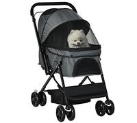 PawHut Foldable Pet Dog Stroller with 4 Wheels EVA Adjustable Handlebar Basket and Storage Pouch - 76.5 x 52 x 95 cm Grey