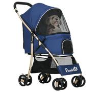 PawHut Folding Buggy Dog Buggy Folding Trolley Storage Basket Safety Leashes Cushion Included Wheels with Brake Fabric 600D Oxford Steel Dim. 80L x 44.5W x 97H cm Dark Blue