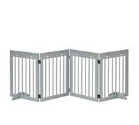 PawHut Freestanding Pet Gate 4 Panel Dog Gate, Light Grey | Wooden Dog Barrier, Folding Safety Fence, Support Feet up to 204cm Long 61cm Tall for Doorway Stairs