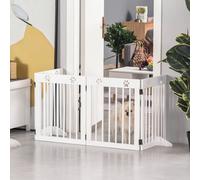 PawHut Freestanding Pet Gate 4 Panel Wooden Dog Barrier Folding Safety Fence with Support Feet up to 204cm Long 61cm Tall for Doorway Stairs White White
