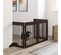 PawHut Freestanding Pet Gate 4 Panel Wooden Dog Barrier Folding Safety Fence with Support Feet up to 204cm Long 61cm Tall for Doorway Stairs Brown Brown