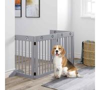 PawHut Freestanding Pet Gate 4 Panel Wooden Dog Barrier Folding Safety Fence with Support Feet up to 204cm Long 61cm Tall for Doorway Stairs Light Grey Grey