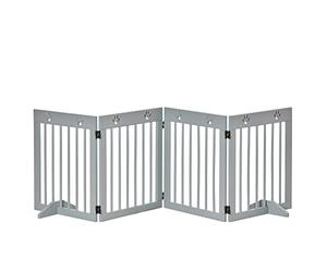 PawHut Freestanding Pet Gate 4 Panel Wooden Dog Barrier Folding Safety Fence with Support Feet up to 204cm Long 61cm Tall for Doorway Stairs Light Grey