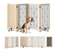 PawHut Freestanding Pet Gate Foldable Dog Gate 205 x 30.5 x 91.5 cm Oak | Lockable Door, Metal Support Feet, 360° Flexible Hinges, 4 Panel Indoor Dog Barrier, House, Stairs, Doorway