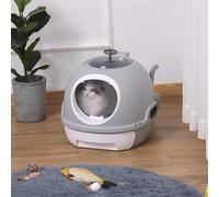 PawHut Futuristic Capsule-Shaped Cat Litter Box w/ 2 Doors Scoop Drawer Grey | TJ Hughes