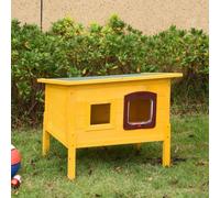 Pawhut Garden Wooden Cat House Outdoor Pet Play Home Waterproof Roof Kitty Shelter Kennel w/ith Door & Window Yellow