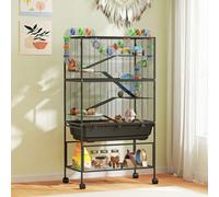 PawHut Hamster Cage, 5 Tier Large Gerbil Cage on Wheels with 17 cm Deep Tray, Black