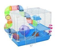 Pawhut 2 Tier Hamster Cage, Gerbil Cage with Handle, Exercise Wheels, Tunnel, Tube, Water Bottle, Dishes, Ladder, for Dwarf, Blue