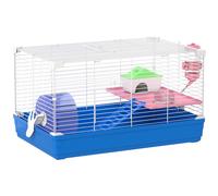 PawHut Hamster Cage, Small Gerbil Cage 2 Tiers Portable w/ Handle, Exercise Wheel, Water Bottle, Dishes, Blue