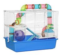 PawHut Hamster Cage w/Tubes Exercise Wheel, Water Bottle, Food Dish - Blue