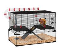 PawHut Hamster Cage w/ Tubes, Ramps, Platforms, Hut, 60 x 40 x 57cm - Black - Steel, tempered glass - 1