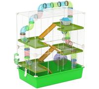 PawHut 5 Tier Hamster Cage, Gerbil Cage with Tube, Water Bottle, Exercise Wheel, Food Dish, 59L x 36W x 69H cm - Green