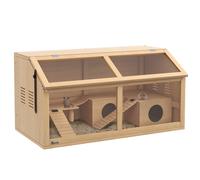 PawHut Hamster Cage, Wooden Small Animal Cage for Gerbils, Mice w/ Suspension Bridge, Openable Top, Hut, 85 x 45 x 44cm Nature Aosom UK