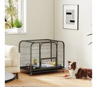 PawHut Heavy Duty Dog Crate,93 x 58 x 76 cm, Large Dog Cage for Small to Medium Breeds, Puppy Kennel with Lockable Wheels, Removable Tray and 3 Doors for Indoor Outdoor, Black