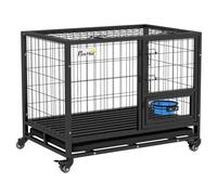 PawHut 36in Heavy Duty Dog Crate on Wheels with Bowl Holder Removable Tray - D02