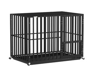 PawHut Heavy Duty Dog Crate w/Feeding Door, Dog Cage w/Wheels for Medium Large Breeds, Metal Pet Crate, Removable Tray, 3 Doors & 4 Prevent Escape Locks for Indoor & Outdoor, 107 x 69 x 81 cm, Black