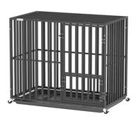 PawHut Heavy Duty Dog Crate w/ Feeding Door for Medium Breeds 95x57x81 cm | Dog Cage w/ Wheels, Metal Pet Crate, Removable Tray, 3 Doors & 4 Prevent Escape Locks, Indoor & Outdoor, Black