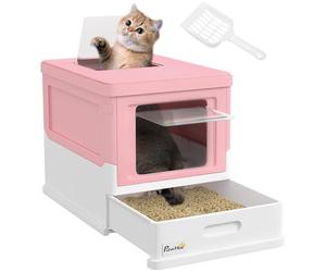 PawHut Hooded Cat Litter Box, Pet Toilet w/Scoop, Tray - Pink