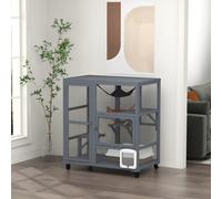 PawHut Cat Cage House Catio on Wheels Weather-Resistant Wooden Light Grey | Cat Indoor Enclosure, Kitty Cage with Platforms, Hammock
