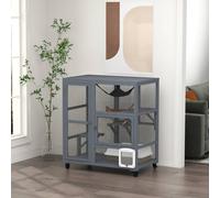 PawHut Cat Cage House Catio on Wheels Weather-Resistant Wooden Light Grey | Cat Indoor Enclosure, Kitty Cage with Platforms, Hammock