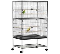PawHut Large Bird Cage Budgie Cage for Finch Canaries Parakeet with Rolling Stand, Slide-out Tray, Storage Shelf, Food Containers, Dark Grey Grey