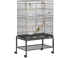 PawHut Large Bird Cage Budgie Cage with Stand, Toys, Wheels, Accessories, Storage Shelf for Canaries, Finches, Lovebirds, Parakeets - Black, 79 x 49 x 133 cm