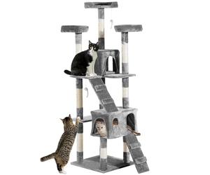 PawHut Large Cat Tree, 173 cm Cat Tower with 10 Scratching Posts, 3 Perches, 2 Condos, 1 Ramp, Kitty Climbing Tower, Activity Centre House for Indoor Kittens, Grey
