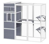 PawHut Large Wooden Catio with All-Weather Sun Roof for Multiple Cats Grey | 4-Tier Catio Cat Outdoor Enclosure, Spacious Resting Rooms, 3 Platforms, Window, Outdoor Indoor Use