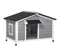 PawHut Large Wooden Dog Kennel Elevated Dog Kennels for Outside, w/ Openable Top, Asphalt Roof, Removable Tray, Adjustable Leg, Grey Aosom UK