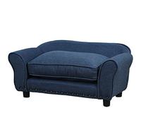 Pawhut Linen Pet Sofa Couch Dog Bed Cat Kitten Mat Wood Frame Metal Studding Removable Cushion Blue 74 x 41 x 32.5 cm