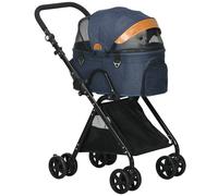 PawHut Luxury Folding Pet Stroller Removable Carrier Adjustable Canopy 4 Wheels Storage Bag Mesh Windows Brake for Small Miniature Dog Cat Blue