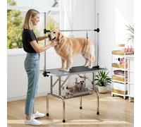 PawHut Metal Adjustable Dog Grooming Table Rubber Top 2 Safety Slings Mesh - Black - Pet Grooming Table - 107L x 60W x 170Hcm