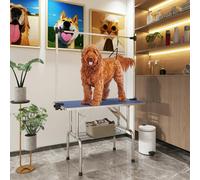 PawHut 42" Dog Grooming Table Adjustable Pet Cat Drying Beauty Table Rubber Top with 2 Loops Storage Basket Metal Blue