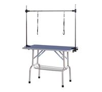 PawHut 42" Dog Grooming Table Adjustable Pet Cat Drying Beauty Table Rubber Top with 2 Loops Storage Basket Metal Blue