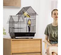 Pawhut Metal Bird Cage With Plastic Perch, Food Container, Swing Ring, Handle In Black Black