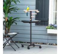 PawHut Metal Bird Table Play Stand, Bird Feeder Station Parrot Perch with Four Wheels Feeding Bowls Round Tray Grey